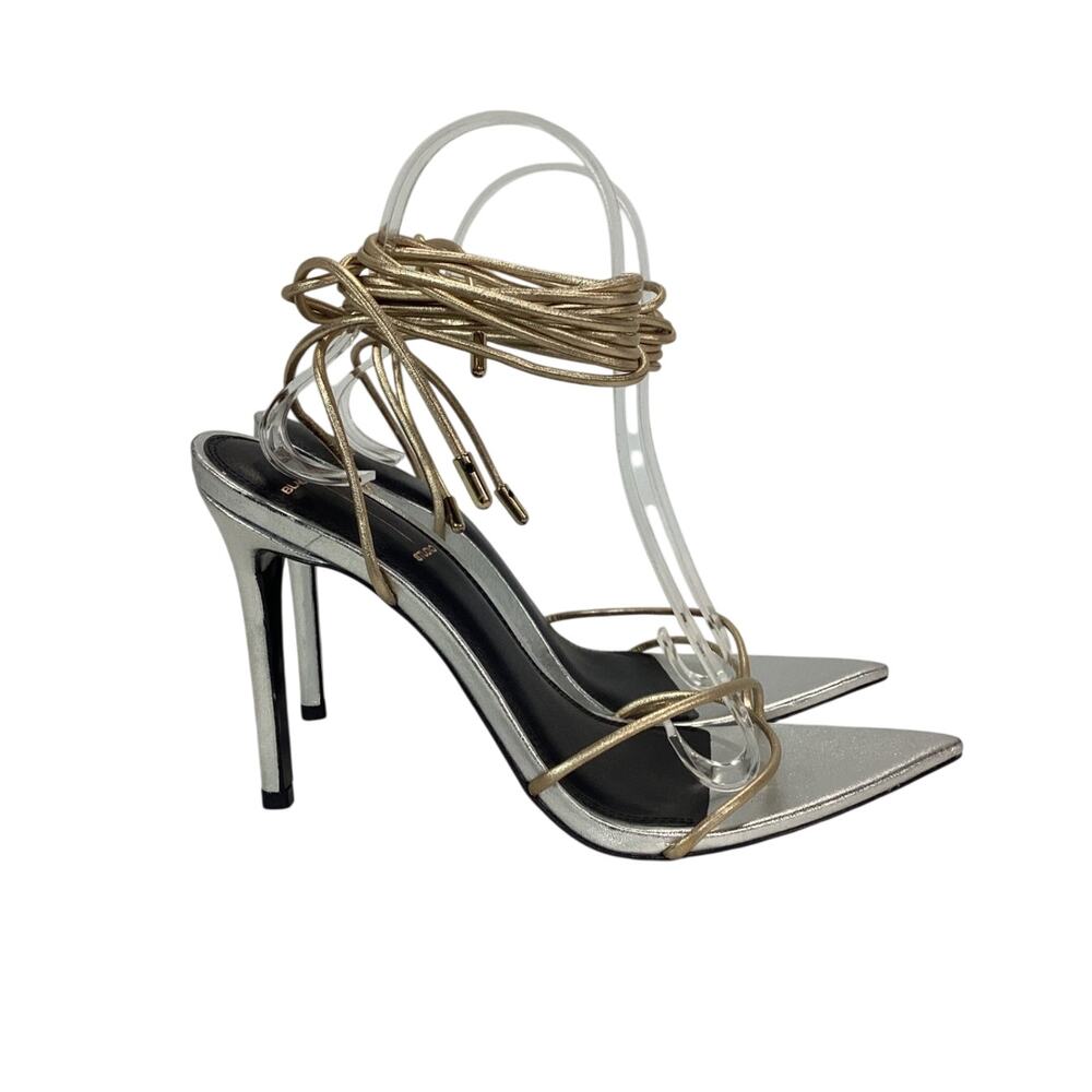 Black Suede Studio Sleek Silver And Gold Talia Heeled Sandals Size 8.5 - Picture 2 of 5